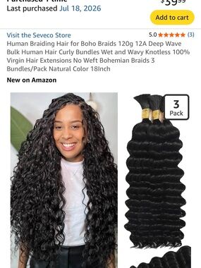 Human Braiding Hair - Deep Wave Curly Extensions (Black) - 3 Pack